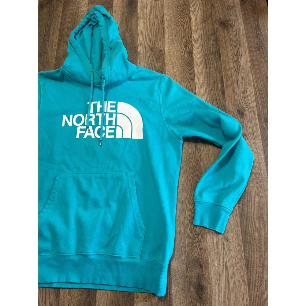 The North Face Hoodie Mens Large Teal Blue Pullover Graphic Logo Excellent